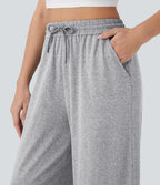 Pantalon large décontracté taille haute avec cordon de serrage et poches latérales