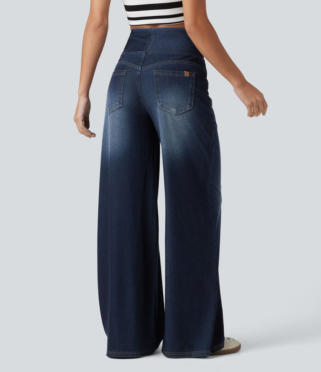 Halara Flex™ Jean large casual baggy taille mi-haute en lyocell drapé effet délavé, avec poches