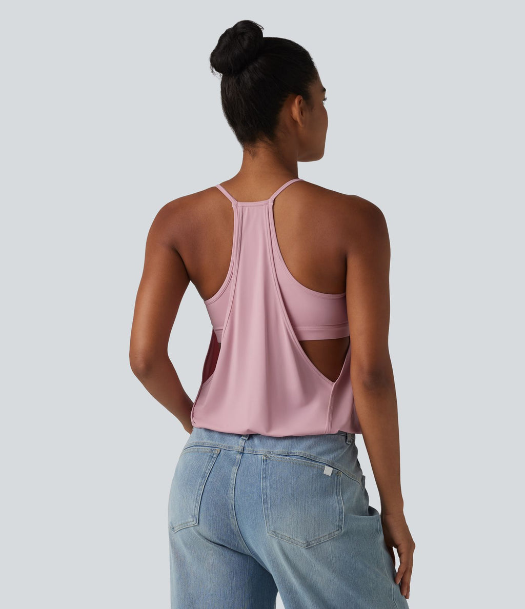 Débardeur décontracté col U froncé 2-en-1 avec brassière intégrée effet frais InstantCool séchage rapide, protection solaire UPF50+