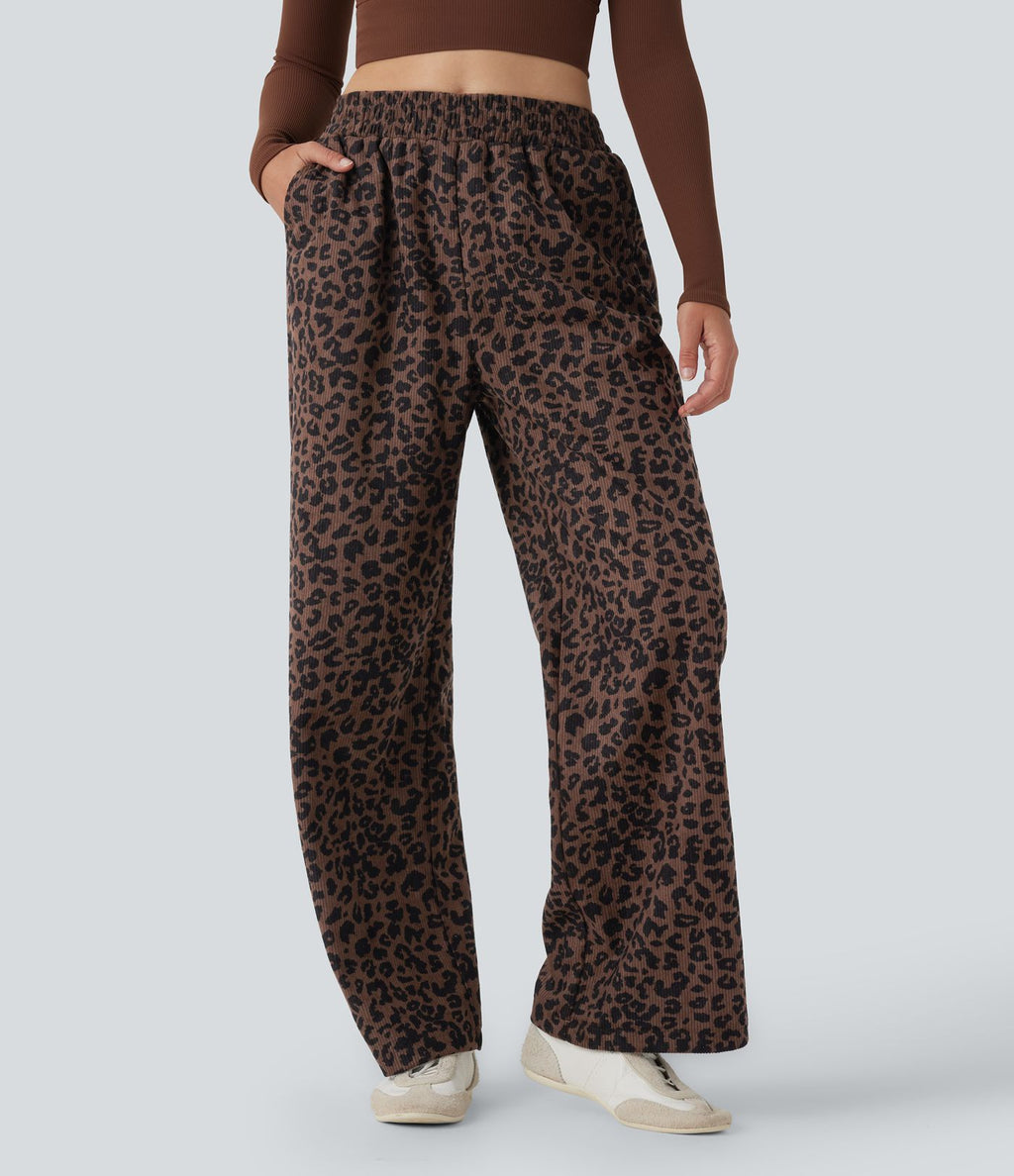 Pantalon léopard ample décontracté velours côtelé imprimé taille haute avec poches
