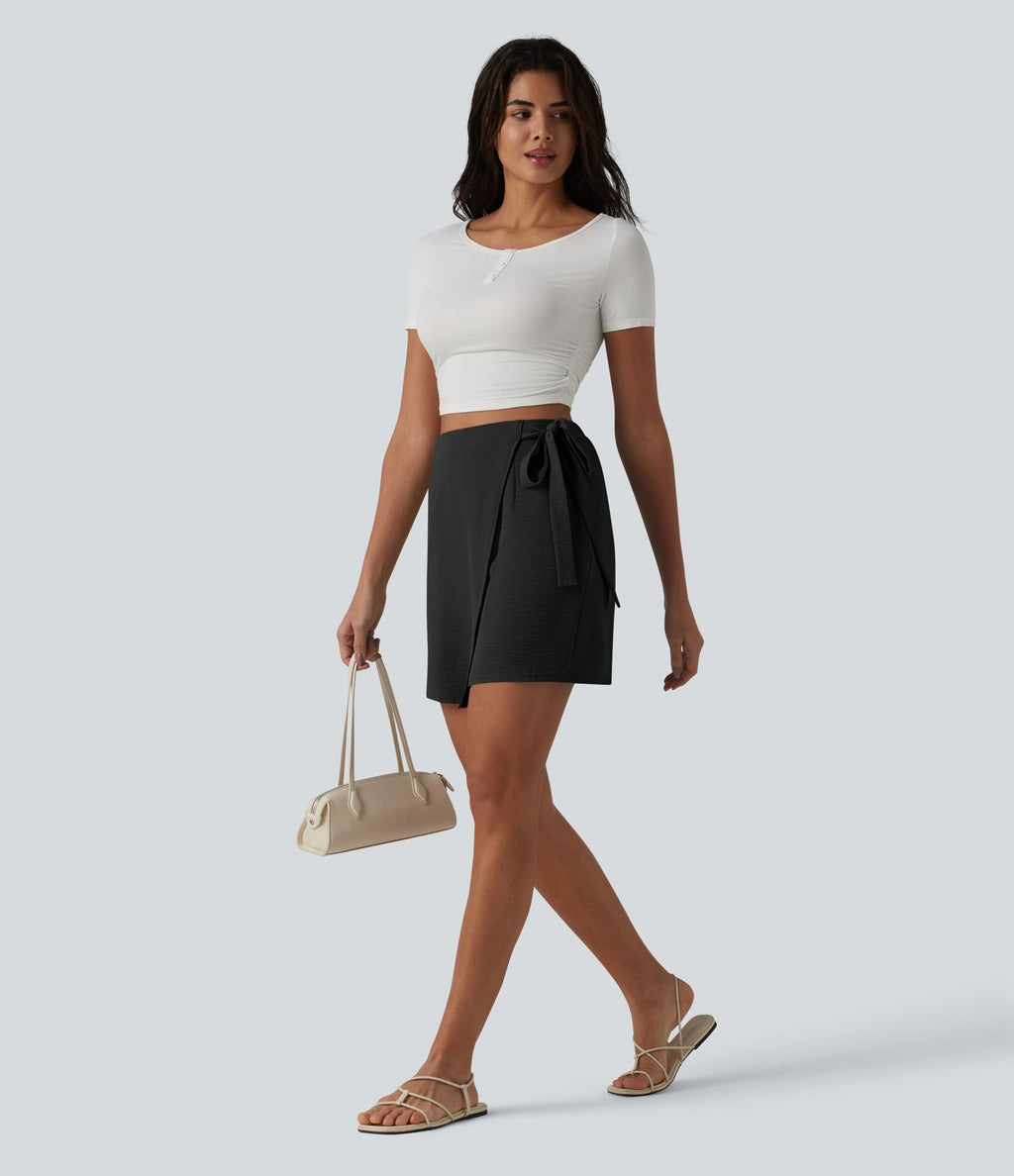 Jupe-short casual taille haute aspect lin avec lien noué sur le côté