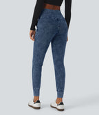Halara Flex™ Jean Casual Taille Haute avec Cordon de Serrage et Poches Latérales en Tricot Extensible Lavé