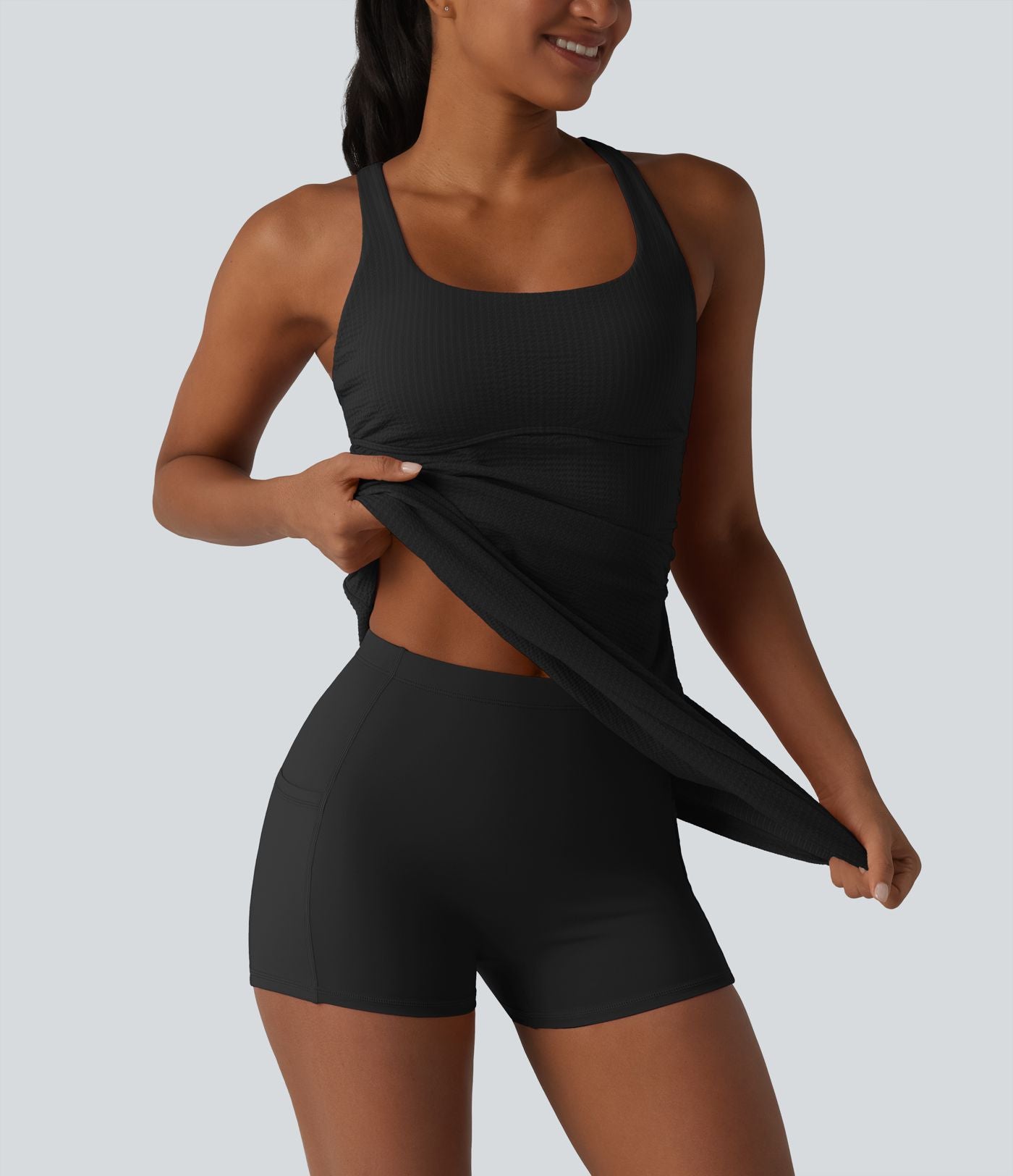 Robe sport mini de tennis 2 pièces à col U, soutien-gorge intégré, rayures, séchage rapide et poches - UPF40+