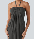 Robe resort mini dos nu à col licou avec lien noué dans le dos et poches