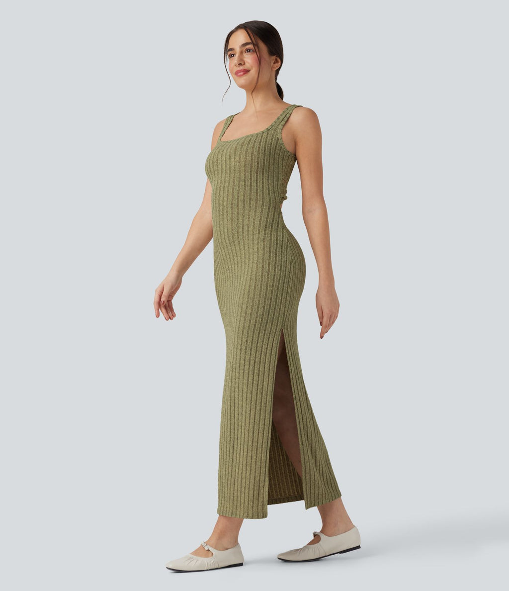 Robe longue moulante décontractée maille côtelée col carré sans manches dos torsadé avec fente