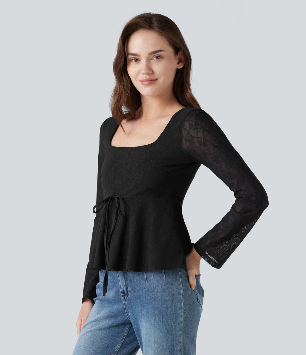 Top babydoll de soirée col U à manches longues avec dentelle contrastante et cordon de serrage