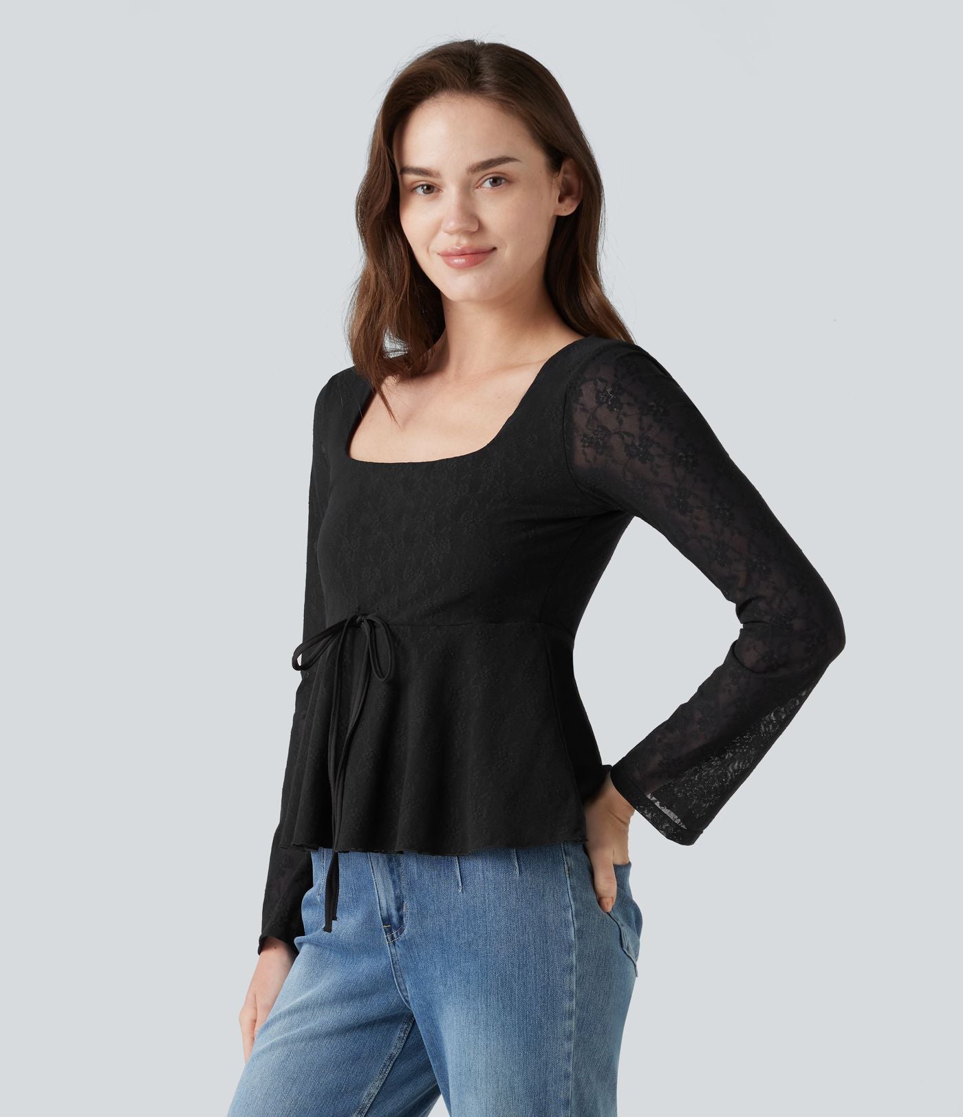 Top babydoll de soirée col U à manches longues avec dentelle contrastante et cordon de serrage