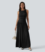 Robe longue fluide casual col bateau à bretelles asymétriques et fronces en maille côtelée avec poches