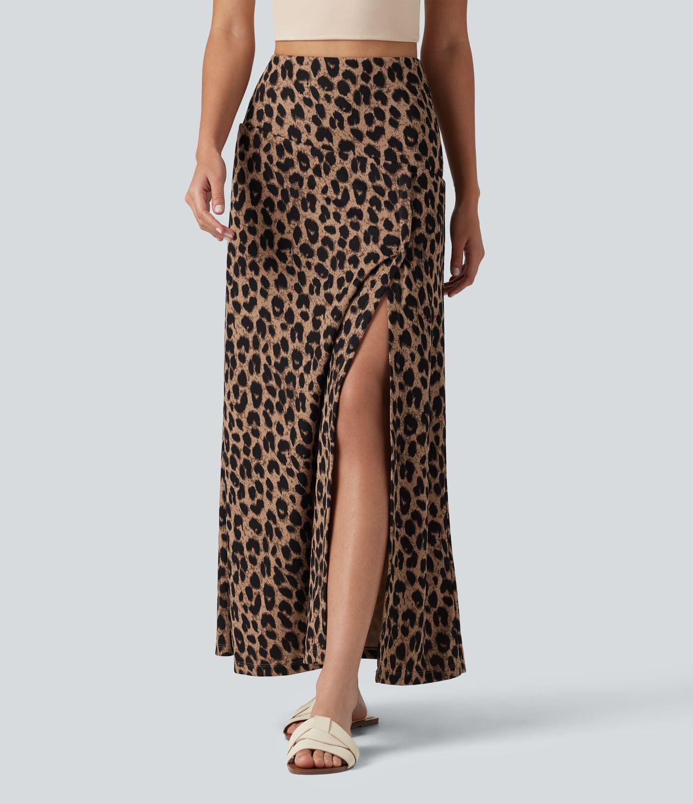Jupe casual maxi gaufrée léopard taille haute gainante à poche