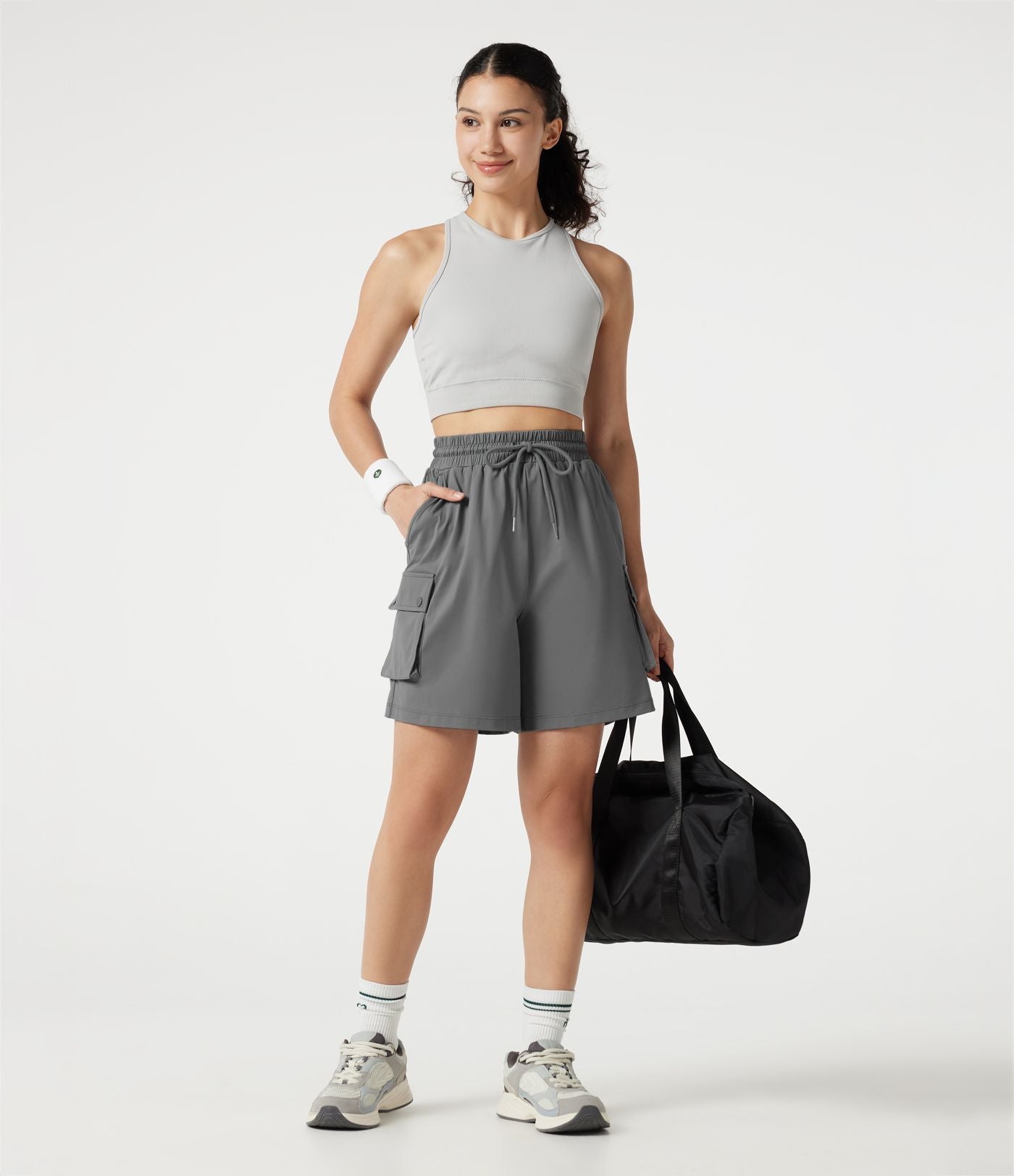 Short cargo bermuda de sport taille haute à cordon de serrage avec poches