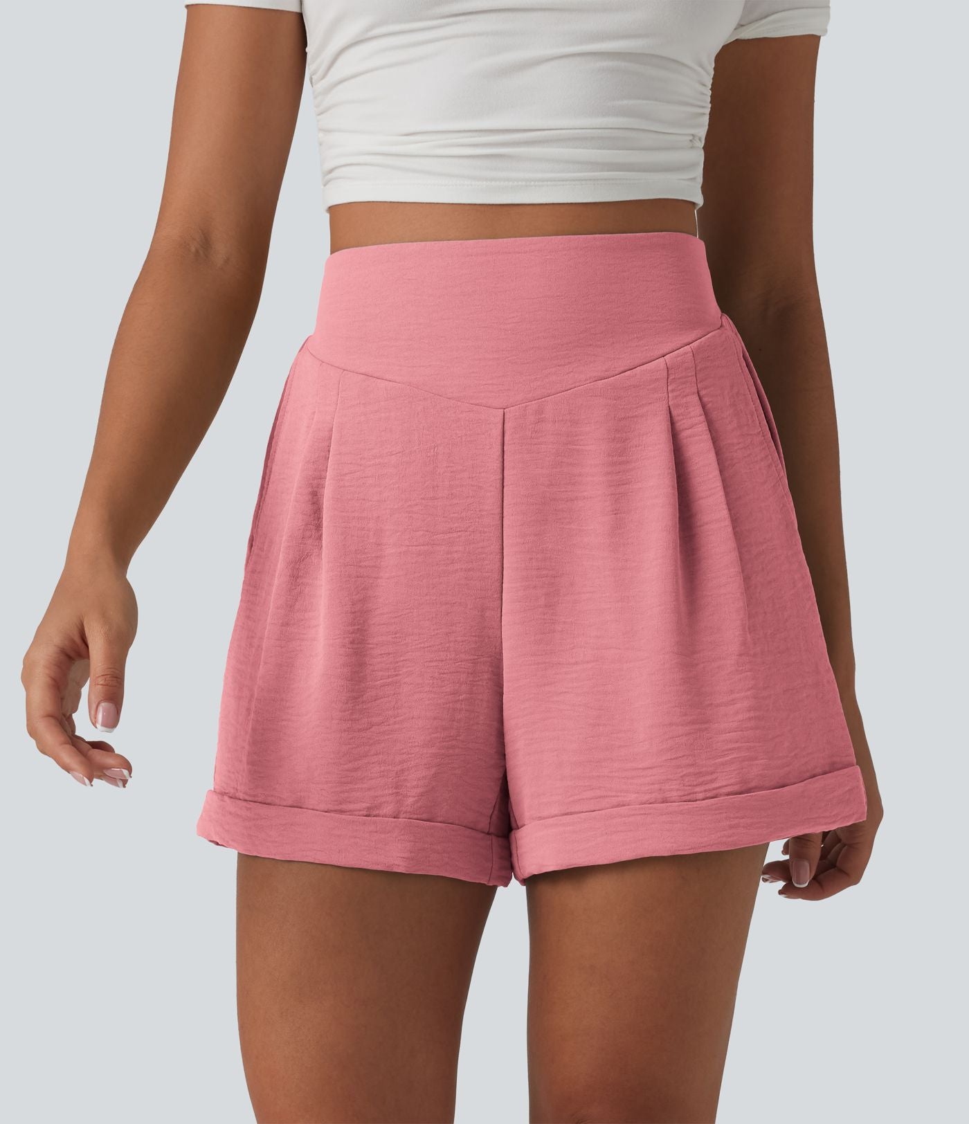Short détente effet lin taille haute, entrejambe 10cm avec poches