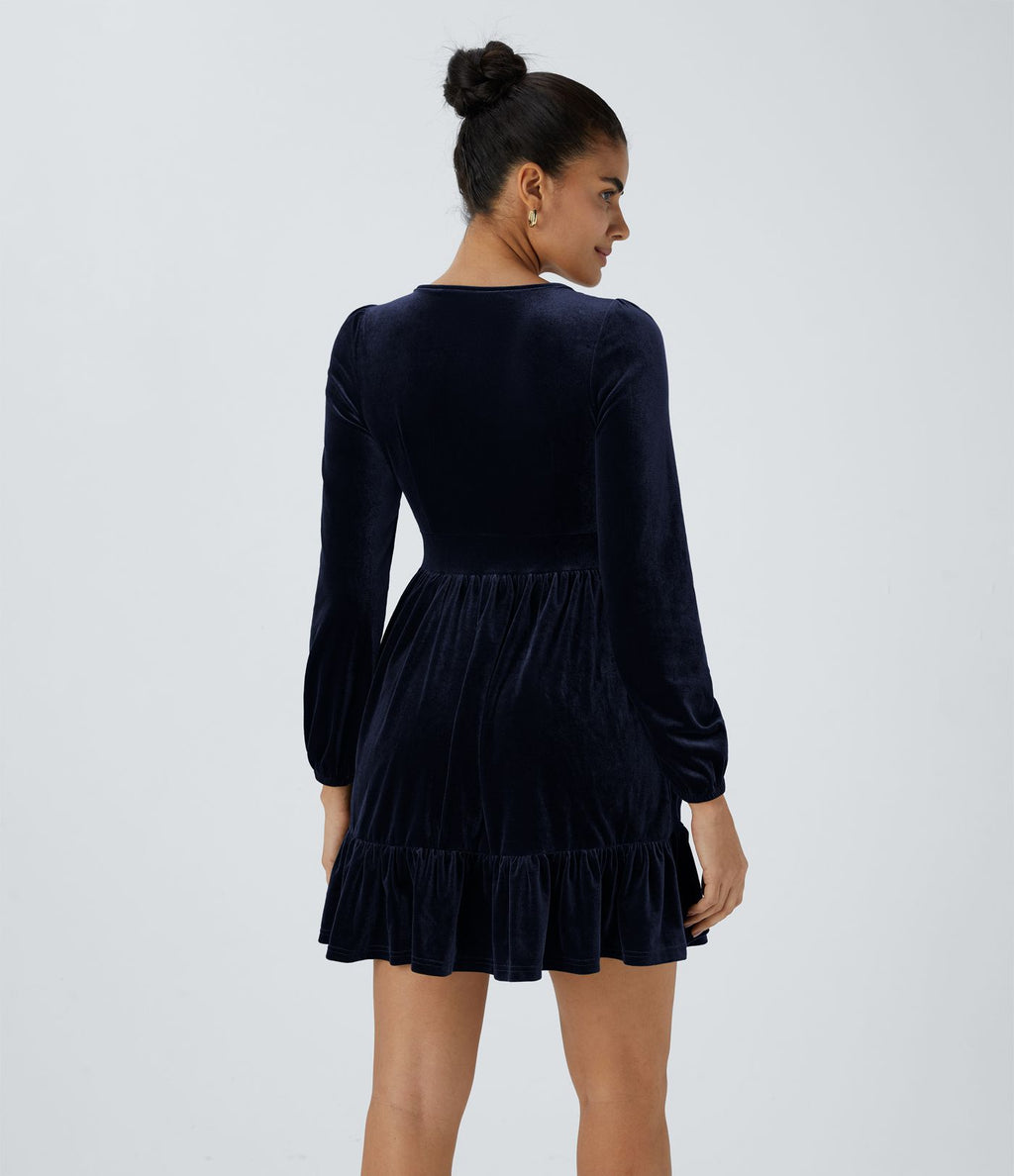 Quotidien Robe de Soirée Mini en Velours à Encolure en V Profond et Ourlet Volanté