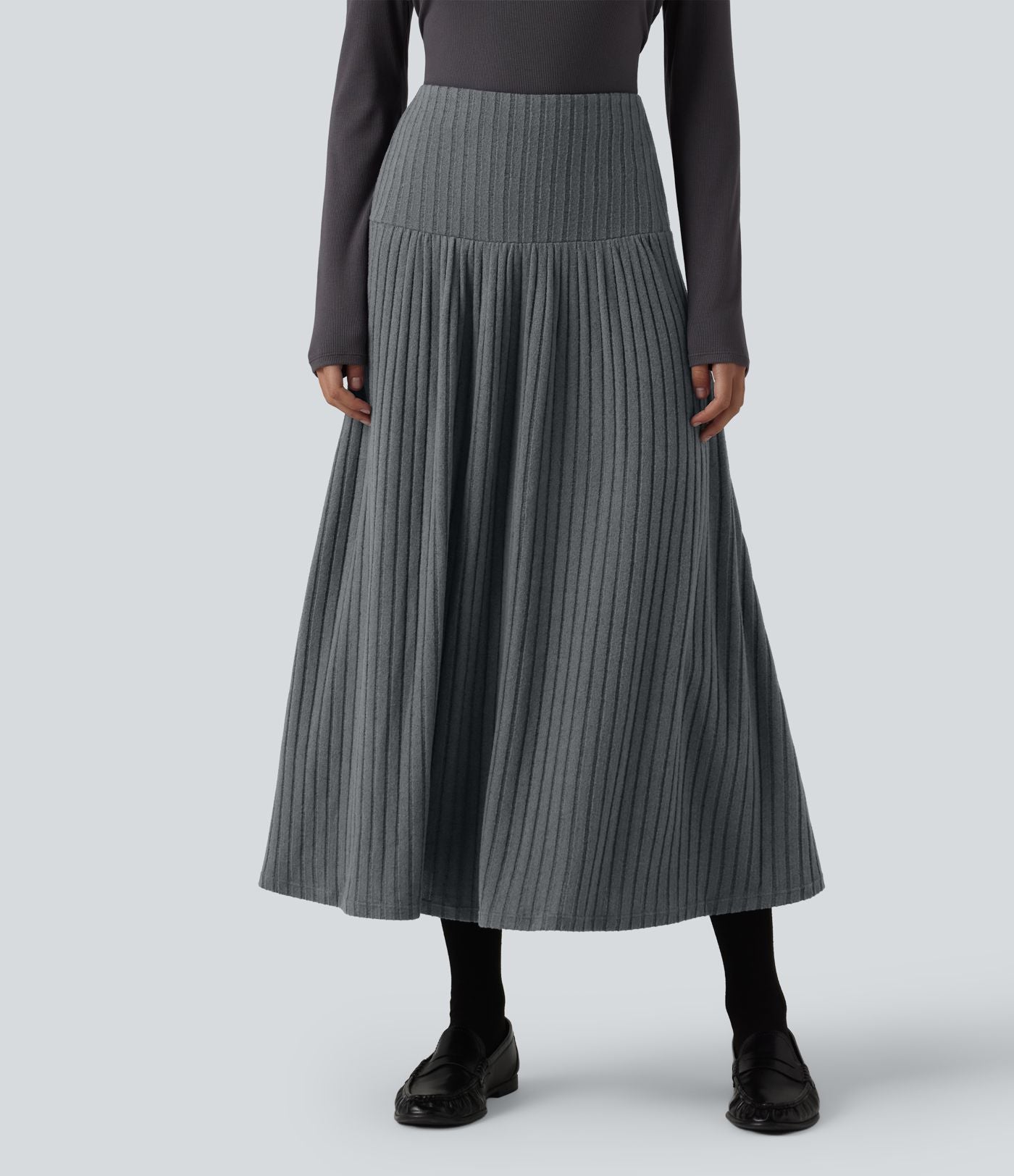 Jupe tailleur midi trapèze taille haute en maille côtelée