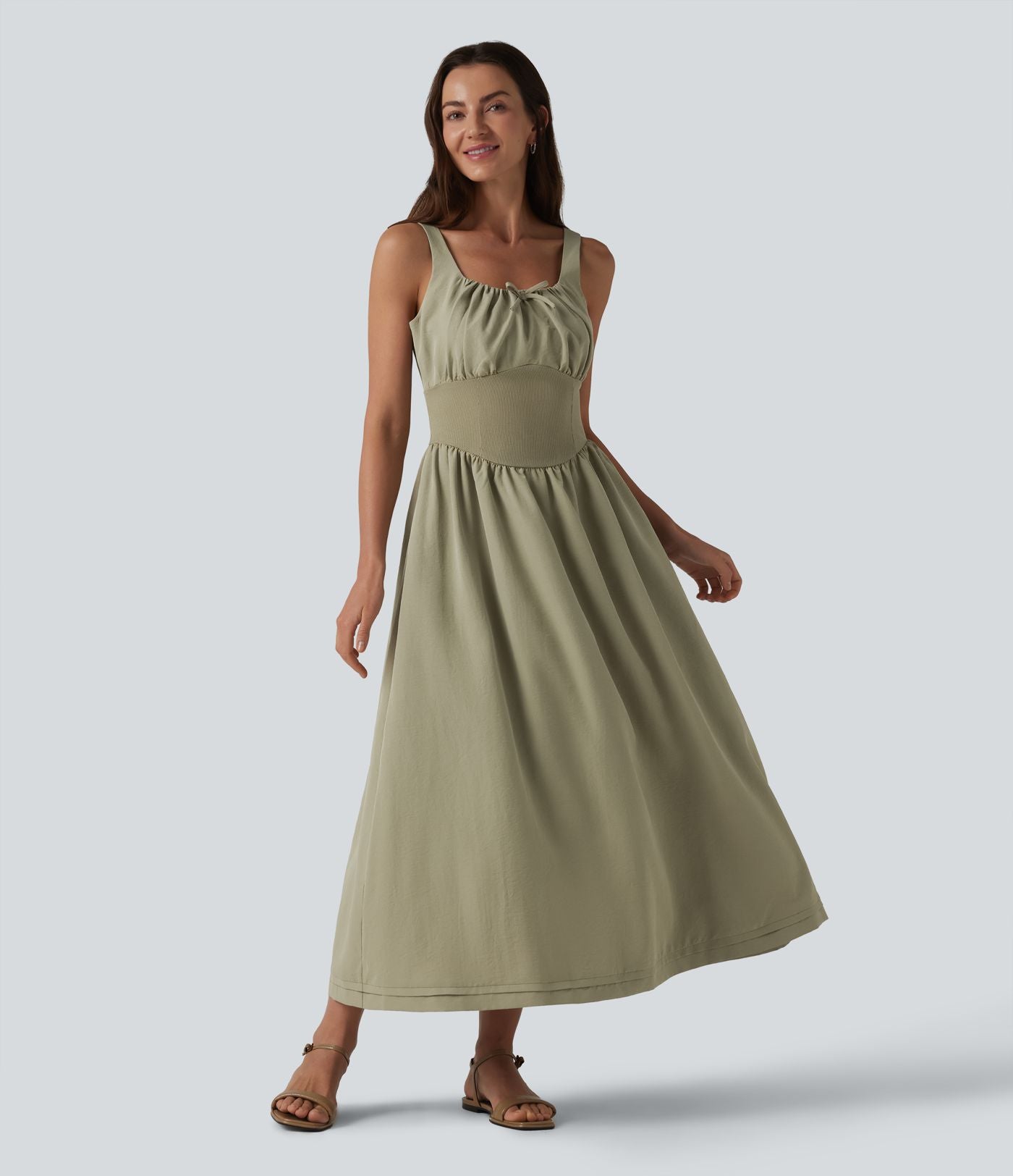 Robe midi décontractée à corset lacé et col carré avec poches