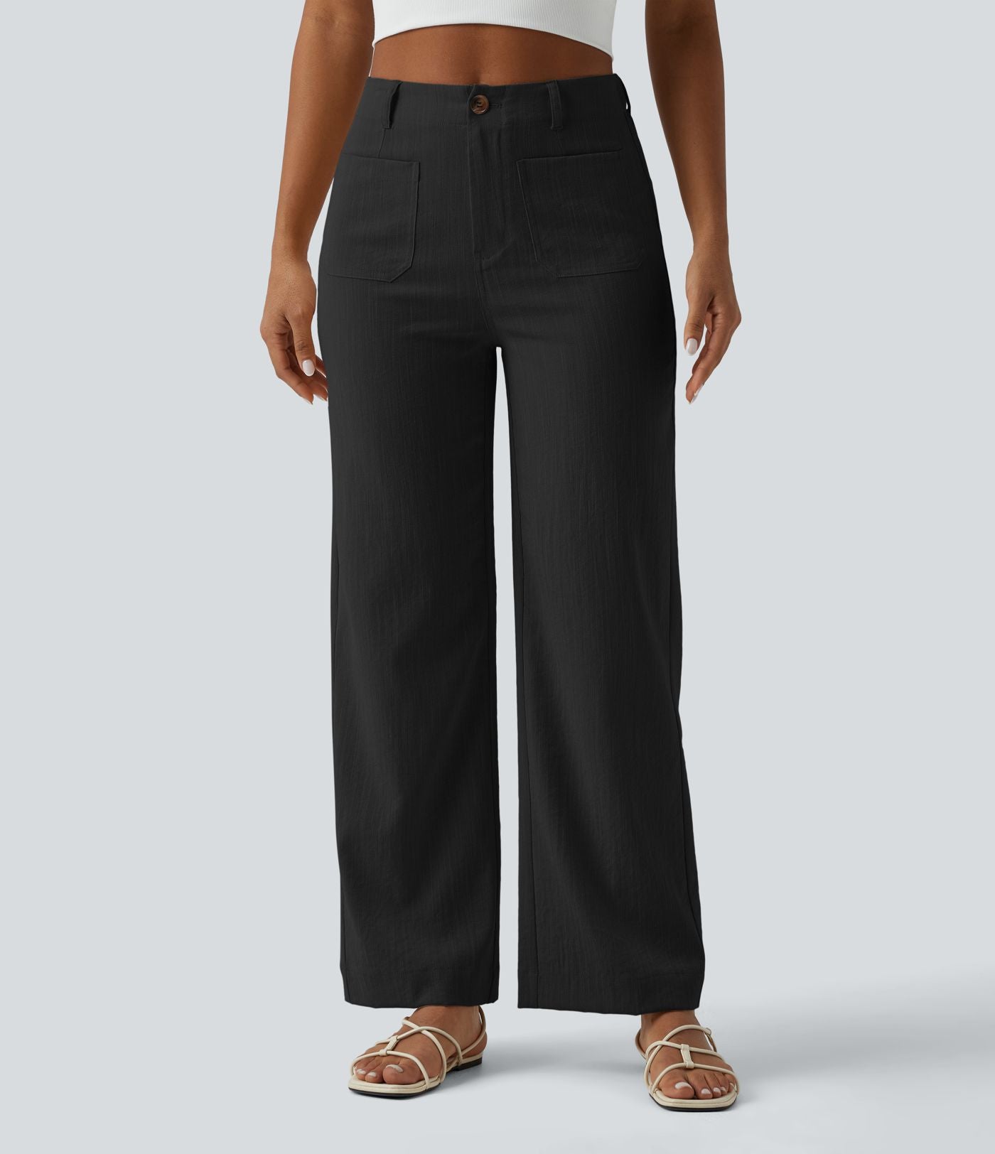 Pantalon taille haute coupe droite effet lin avec poches