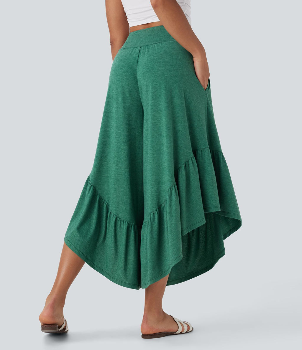 Pantalon décontracté super évasé taille haute avec ourlet à volants et poches