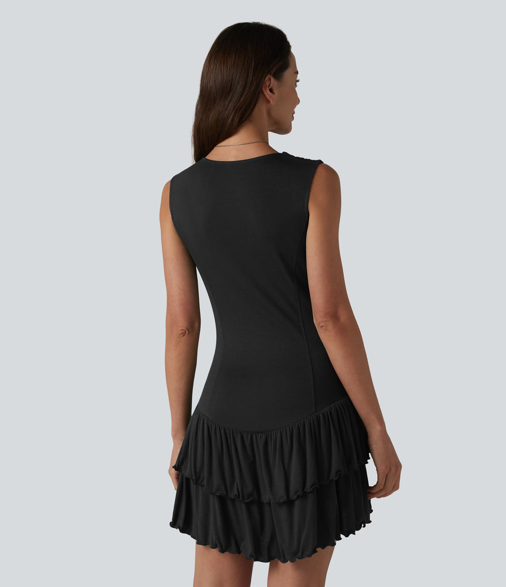 Robe mini en maille côtelée col V sans manches ourlet à volants superposés