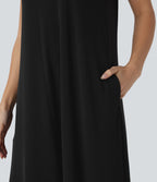 Robe longue décontractée fluide à col rond, sans manches, poches latérales et ourlet asymétrique