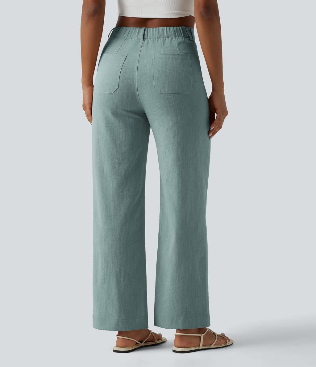 Pantalon taille haute coupe droite effet lin avec poches