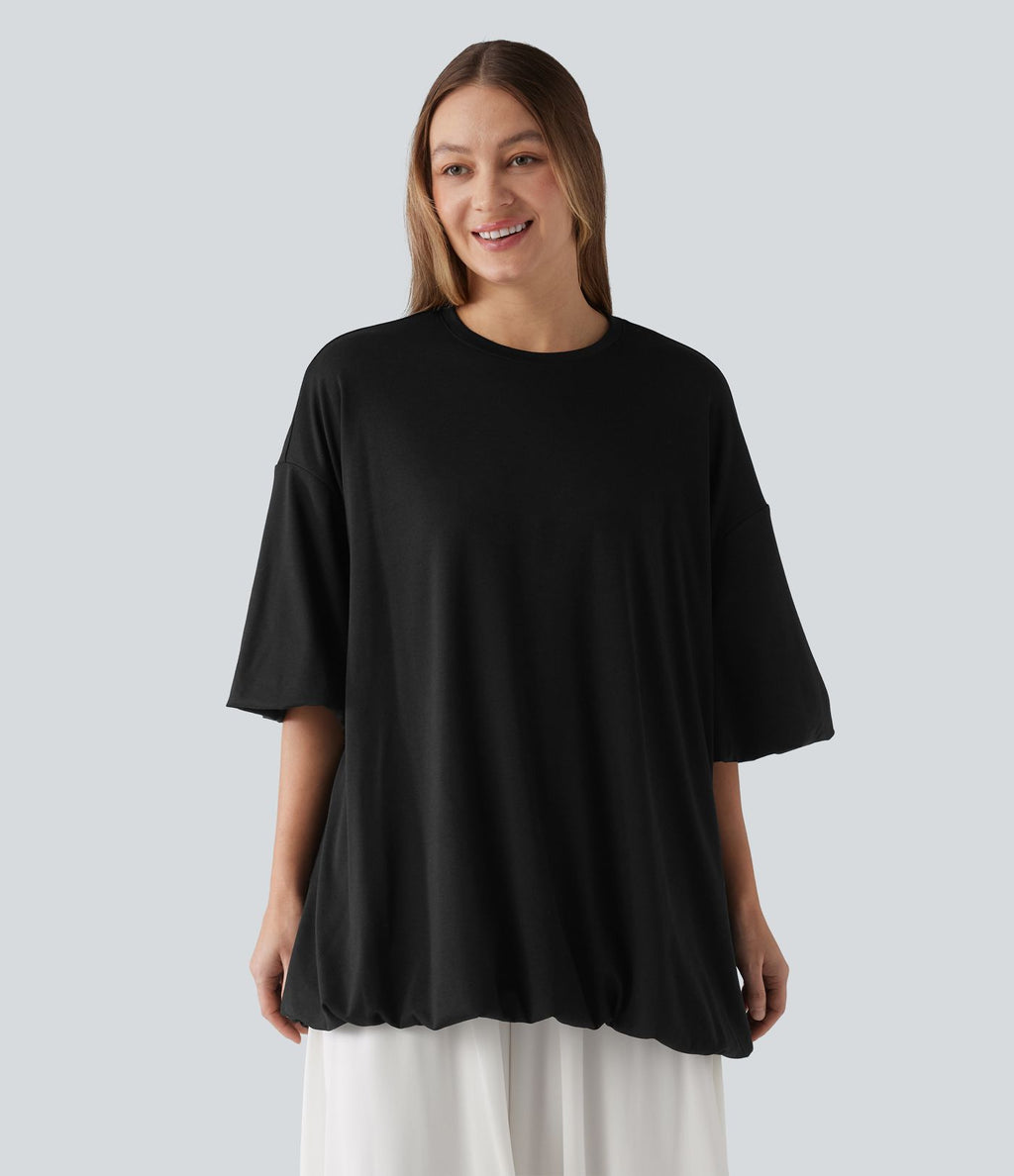 Top casual oversize col rond à manches mi-longues et ourlet boule