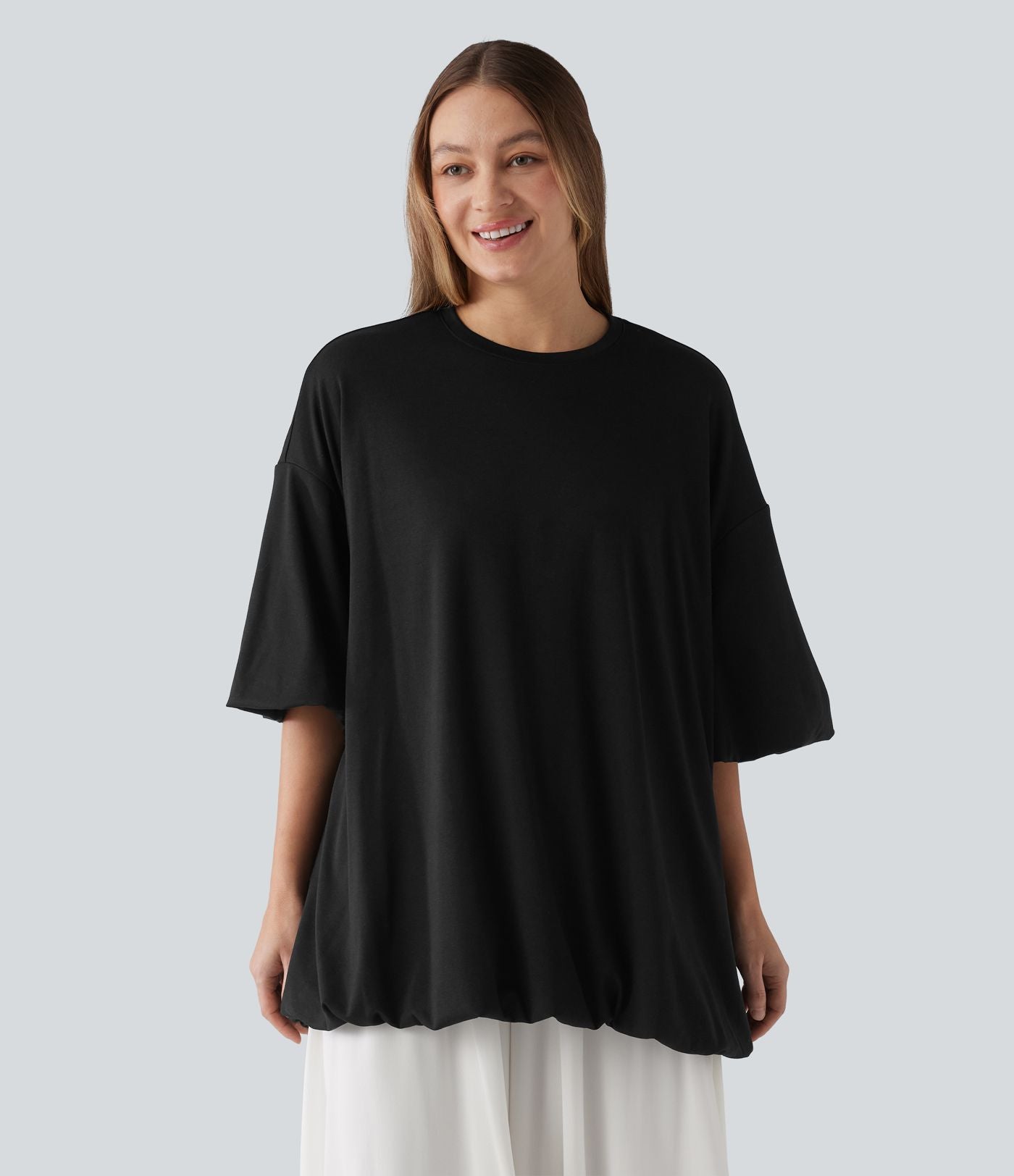 Top casual oversize col rond à manches mi-longues et ourlet boule