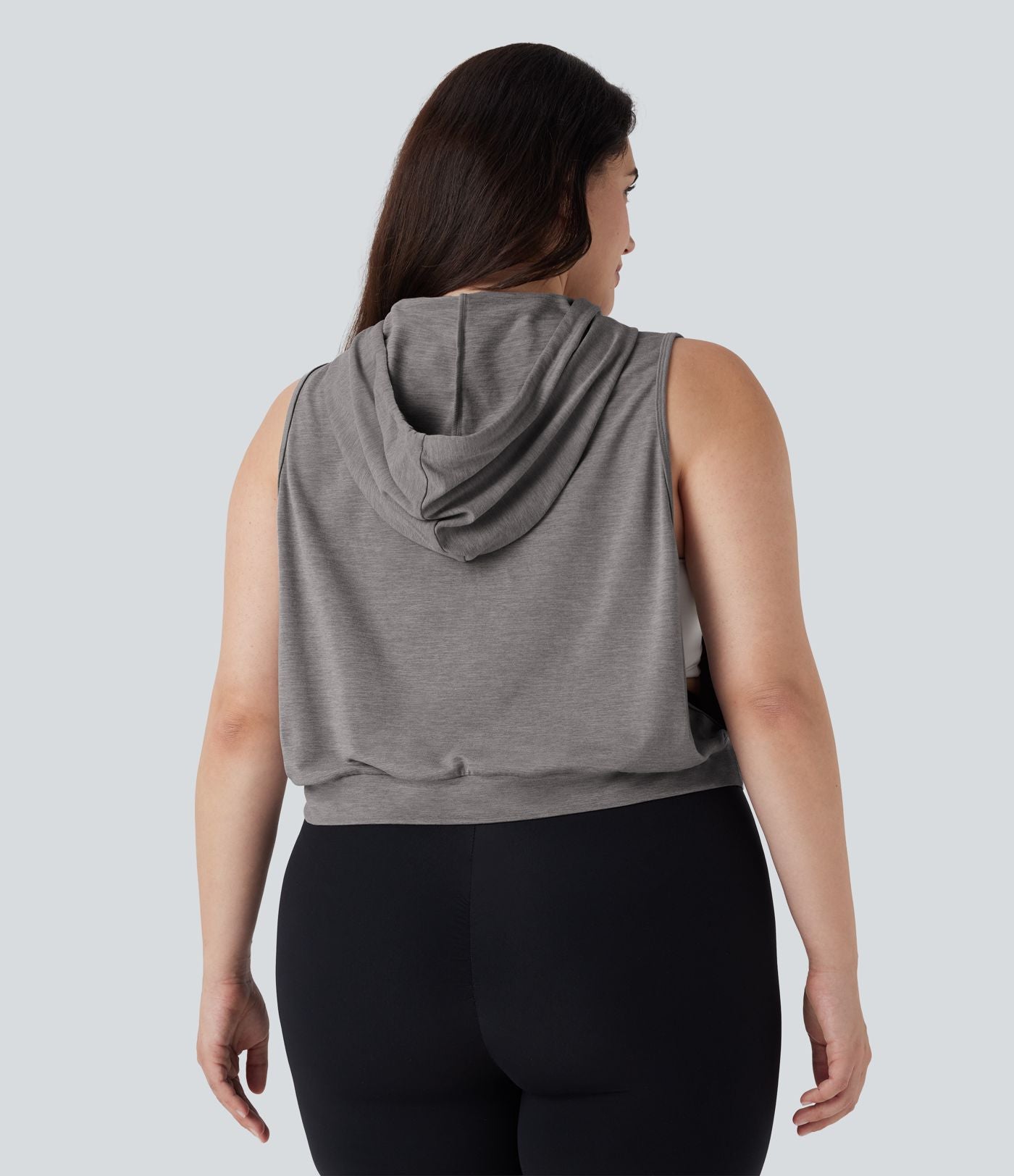 Débardeur de course grande taille crop top à capuche sans manches avec cordon de serrage