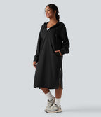 Robe sweat midi à capuche avec cordon de serrage et zip à l'ourlet à manches longues avec poches