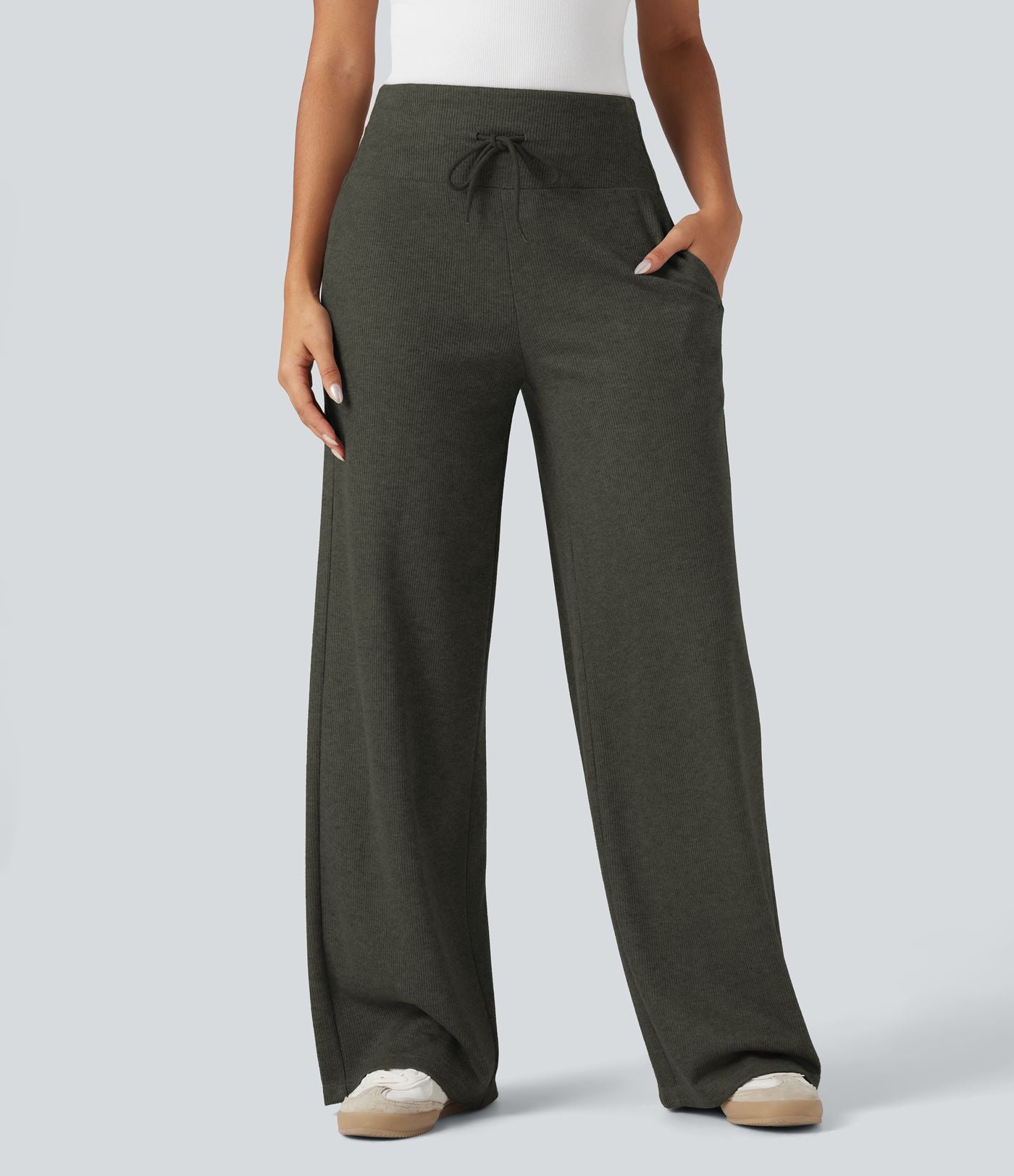 Pantalon jogging large décontracté côtelé gainant taille haute avec cordon de serrage et poches
