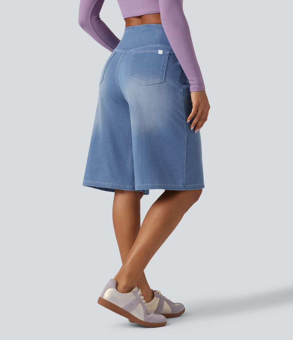 Short en jean ample Halara Flex™ taille haute croisé gainant décontracté avec poches