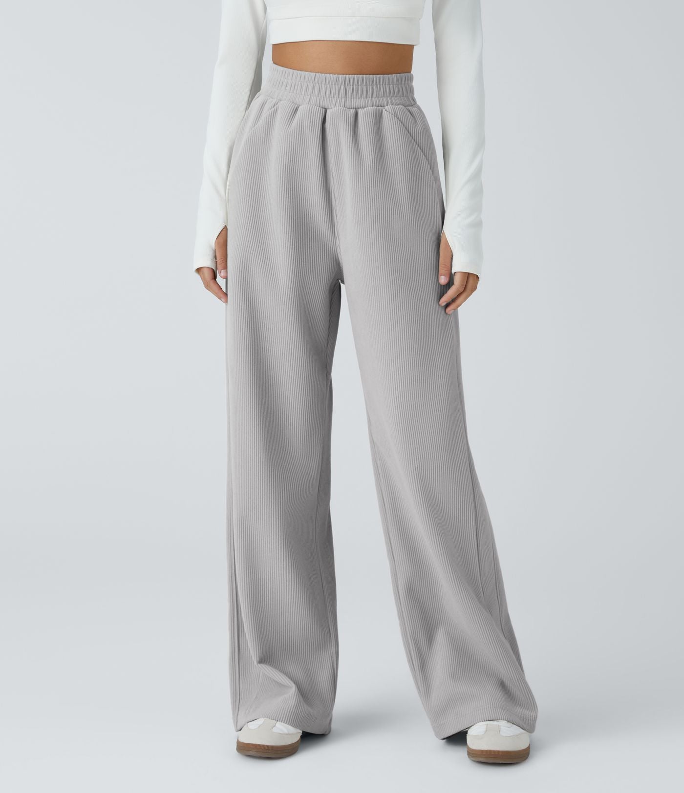 Pantalon velours côtelé de jogging décontracté à taille haute avec poches latérales