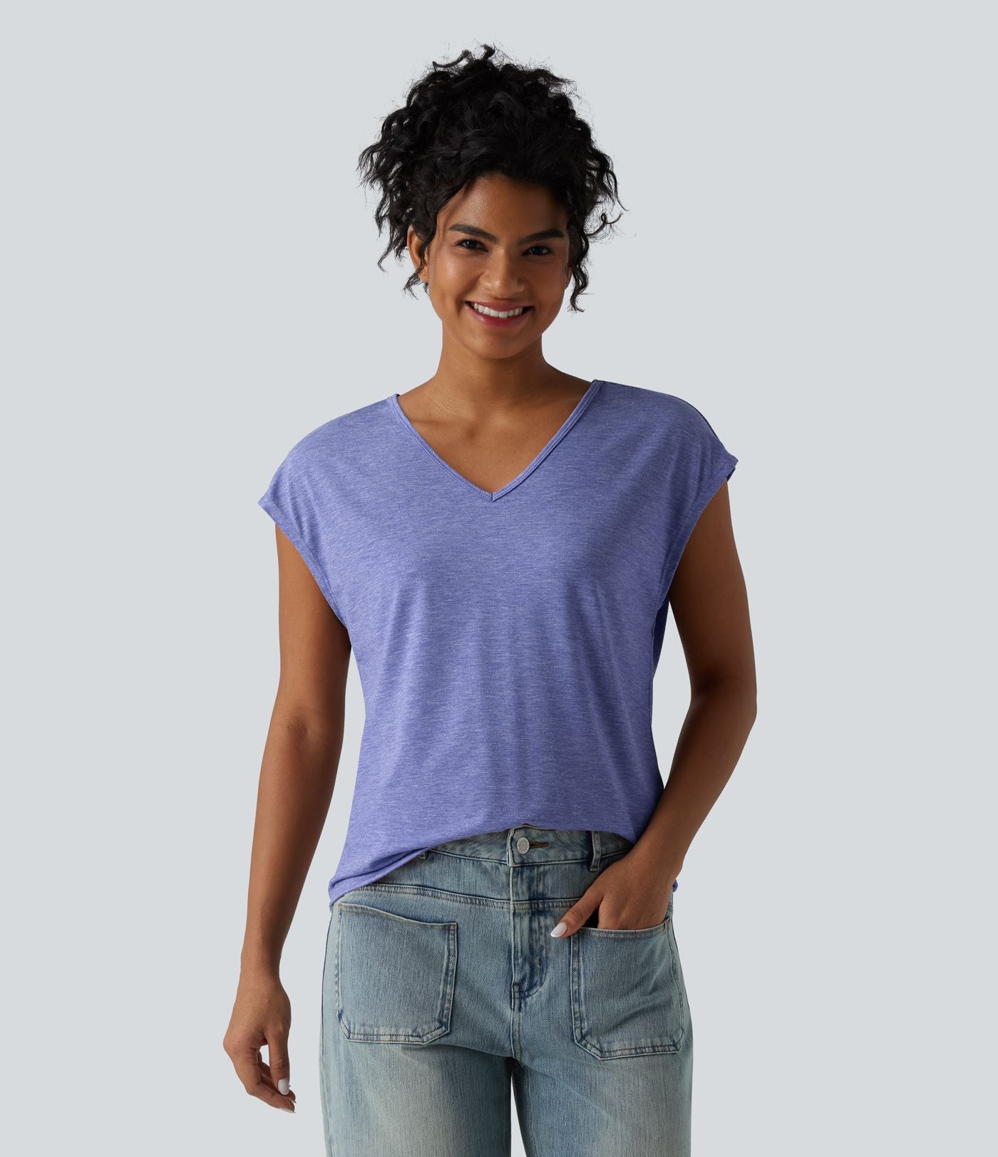 T-shirt décontracté chiné ample à manches courtes et col V
