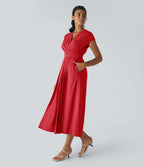 Breezeful™ Robe Mi-Longue Col en V Manches Courtes Poche Latérale Nouée au Dos Séchage Rapide