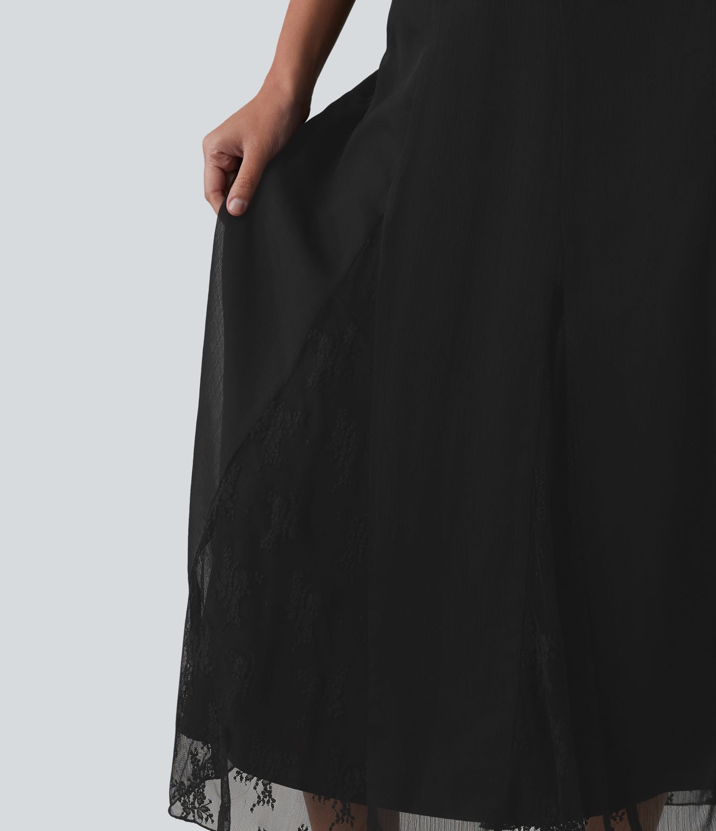 Jupe midi fluide taille haute en mousseline avec dentelle contrastée et fermeture éclair invisible