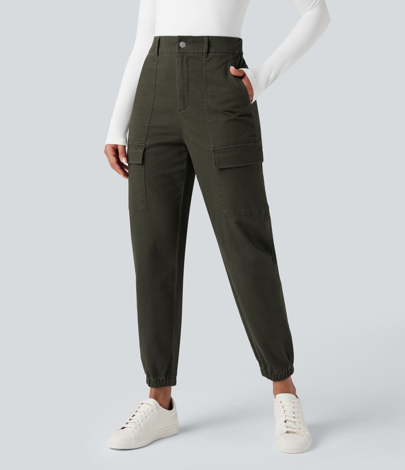 Jogging cargo chino coton taille haute avec poches