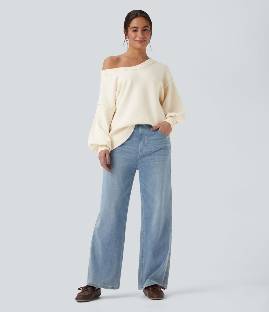 Pull casual col V épaules tombantes manches longues avec fentes