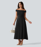 Robe midi casual fluide côtelée gainante à épaules dénudées
