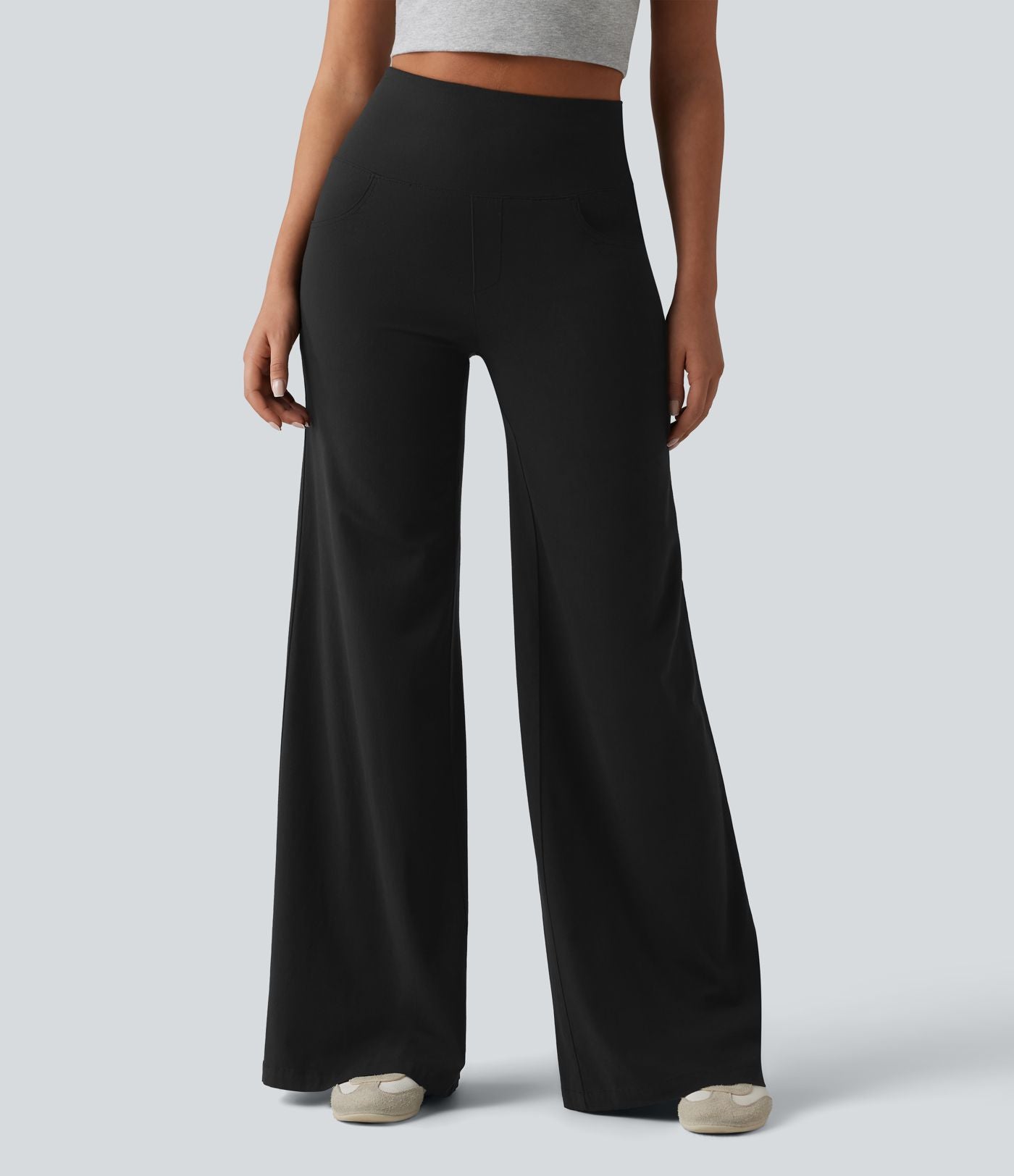 Pantalon large casual en lin stretch taille haute ventre plat avec poches