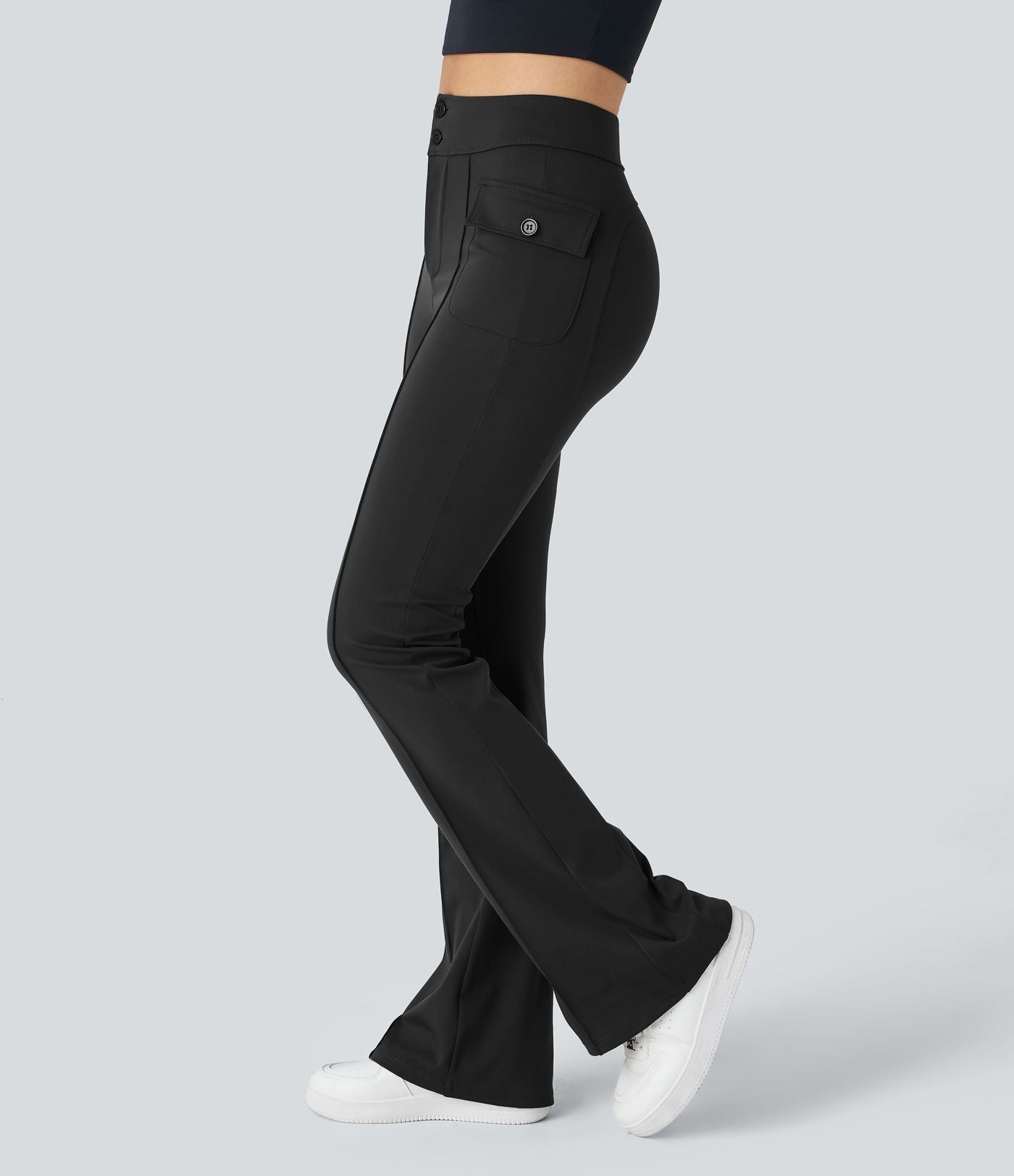 Pantalon cargo décontracté évasé taille haute avec poches à rabat latérales
