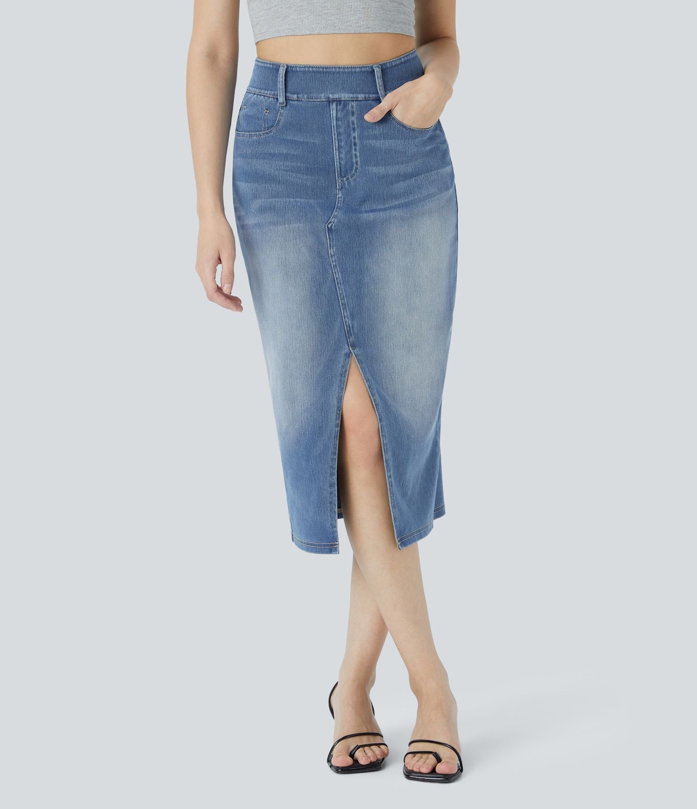 Halara Flex™ Jupe en Jean Casual Mi-Longue Délavé Extensible Plusieurs Poches Taille Haute