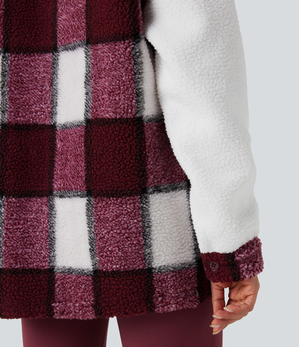 Veste sherpa carreaux color block manches longues avec poches