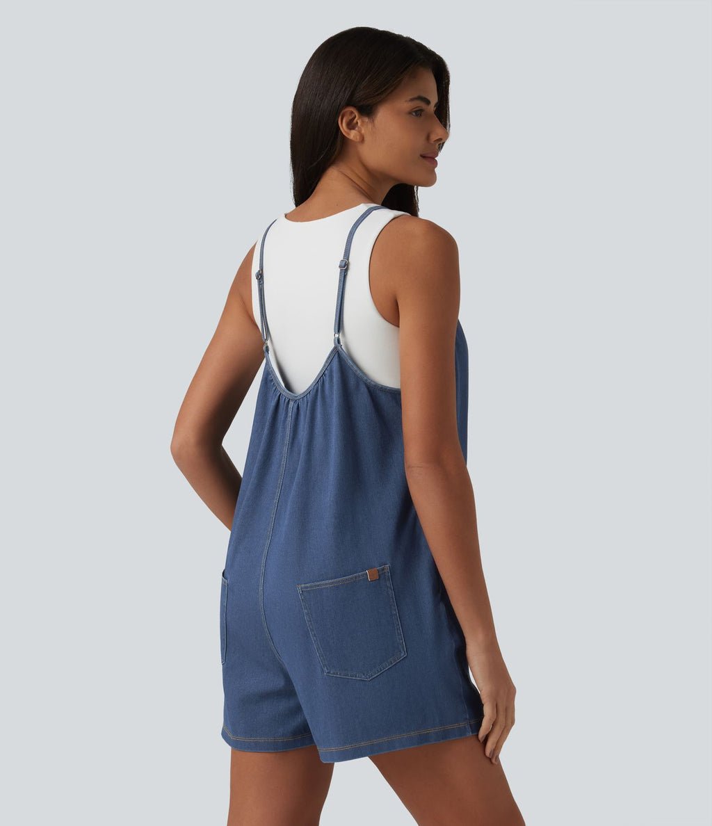 Combinaison-short décontractée en denim à col rond et poches Halara Flex™