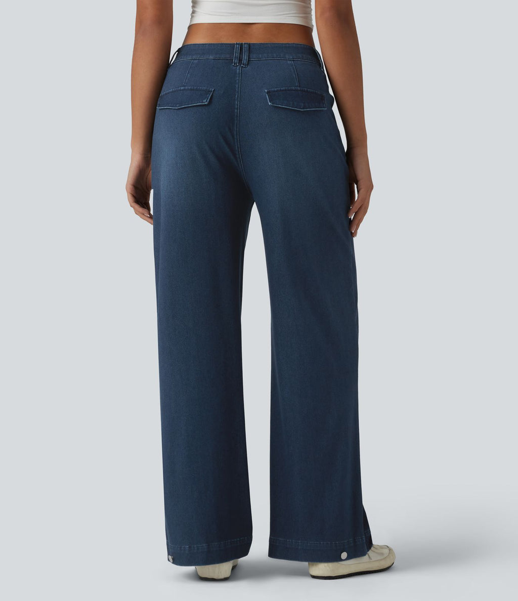 Halara Flex™ Jean large casual baggy taille mi-haute en lyocell drapé effet délavé, ourlet ajustable et poches