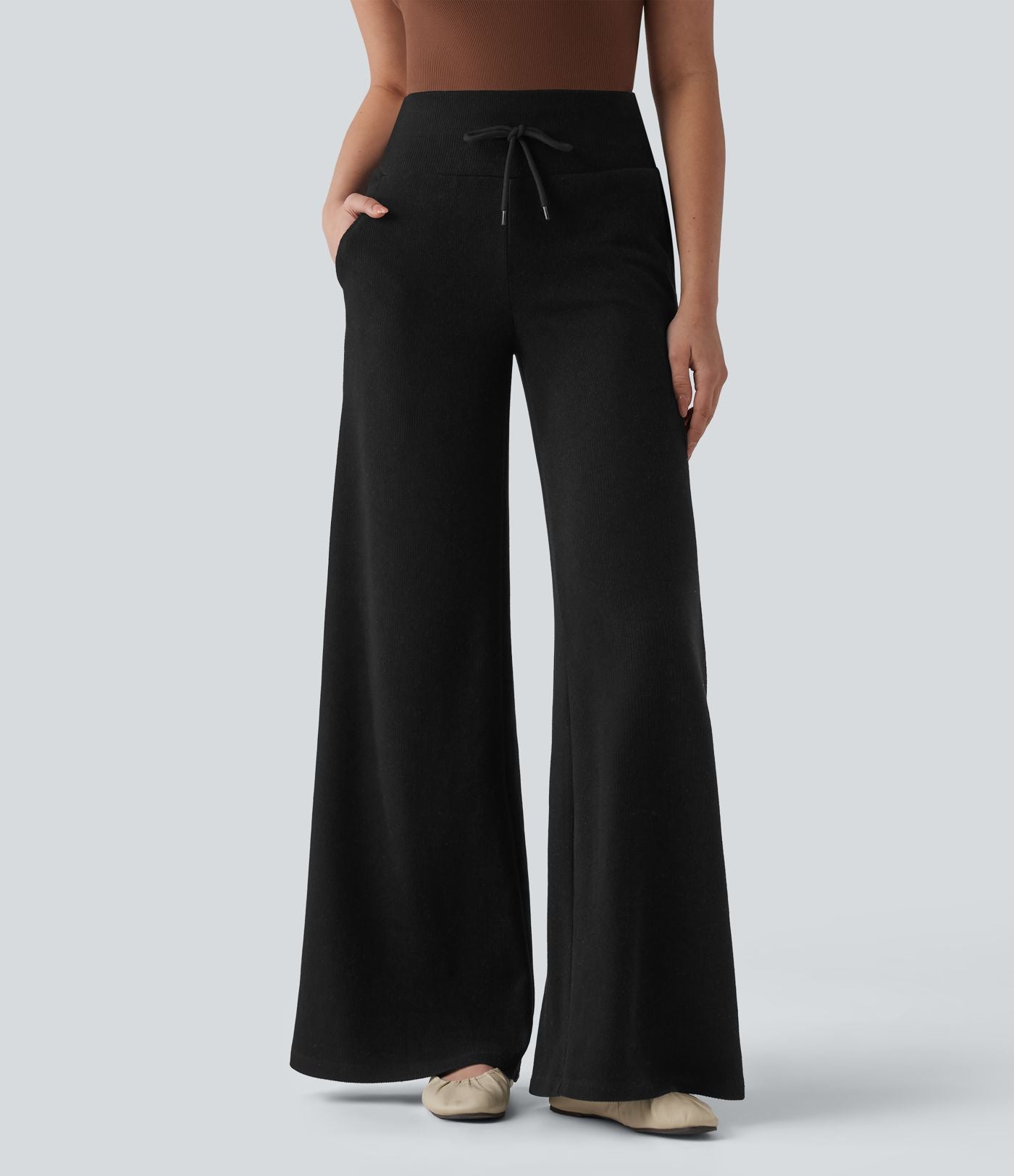 Pantalon casual bootcut gainant taille haute à cordon de serrage en maille côtelée avec poches