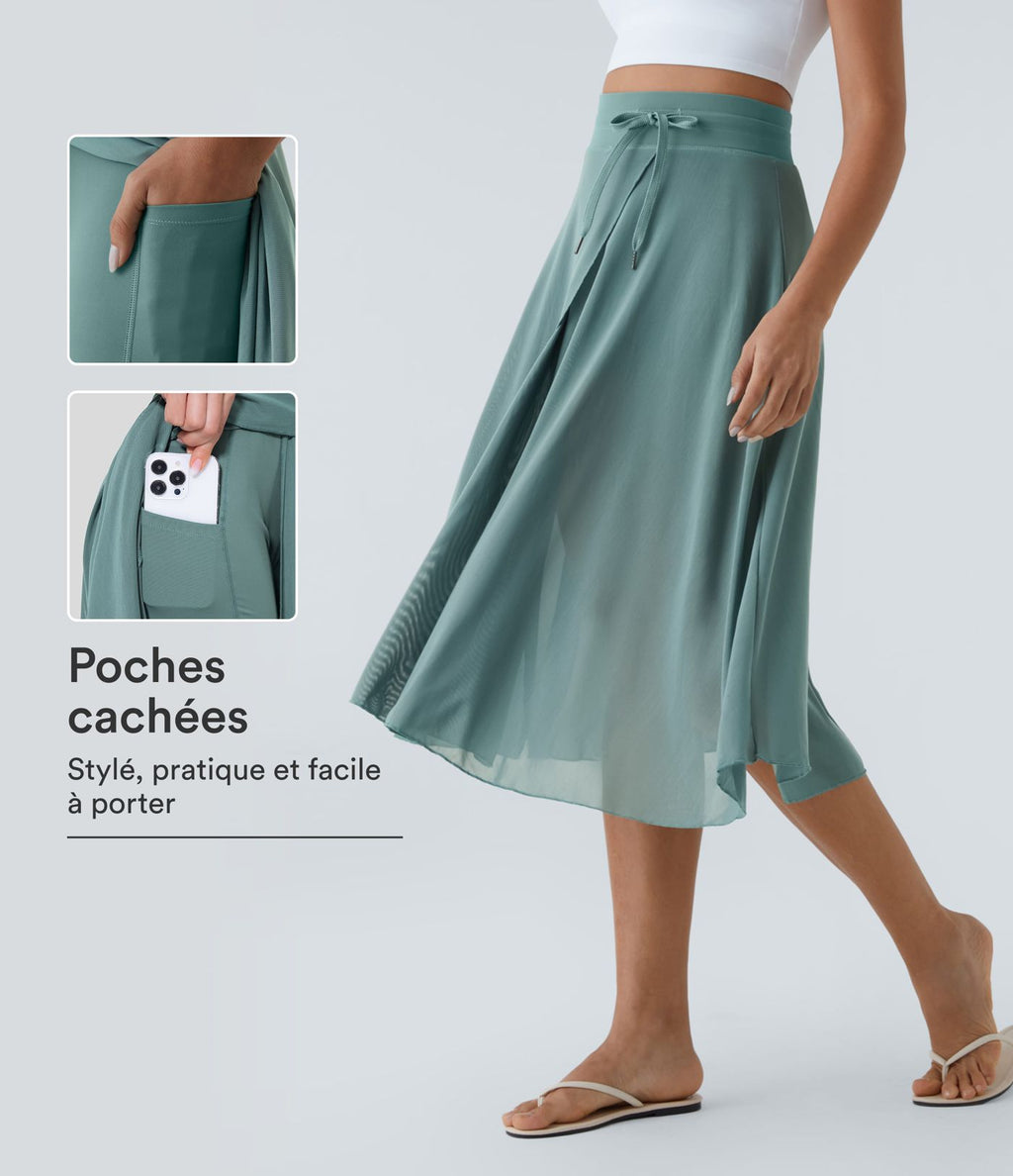 Jupe Casual Évasée Mesh Mi-Longue Fuide 2 en 1 Contrastée Taille Haute Cordon Poche Latérale