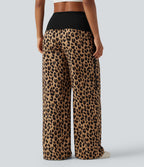 Pantalon baggy casual à imprimé léopard taille haute à revers avec fronces, cordon et poches