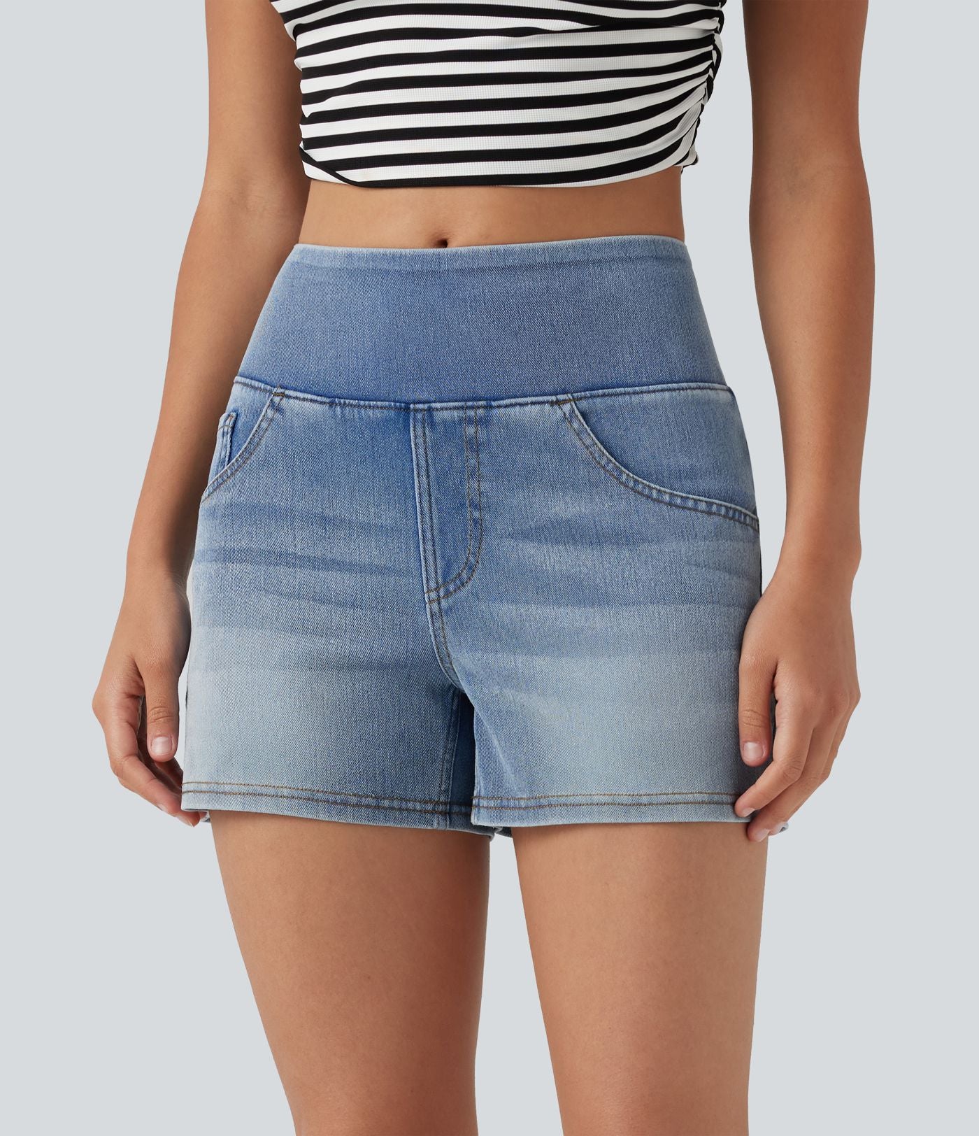 Halara Flex™ Short décontracté en denim lyocell délavé taille mi-haute drapé 9 cm avec poches