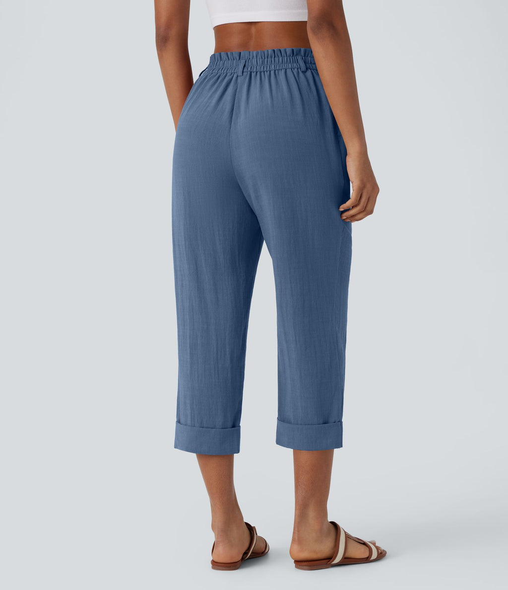 Pantalon capri effet lin taille haute avec poches zippées