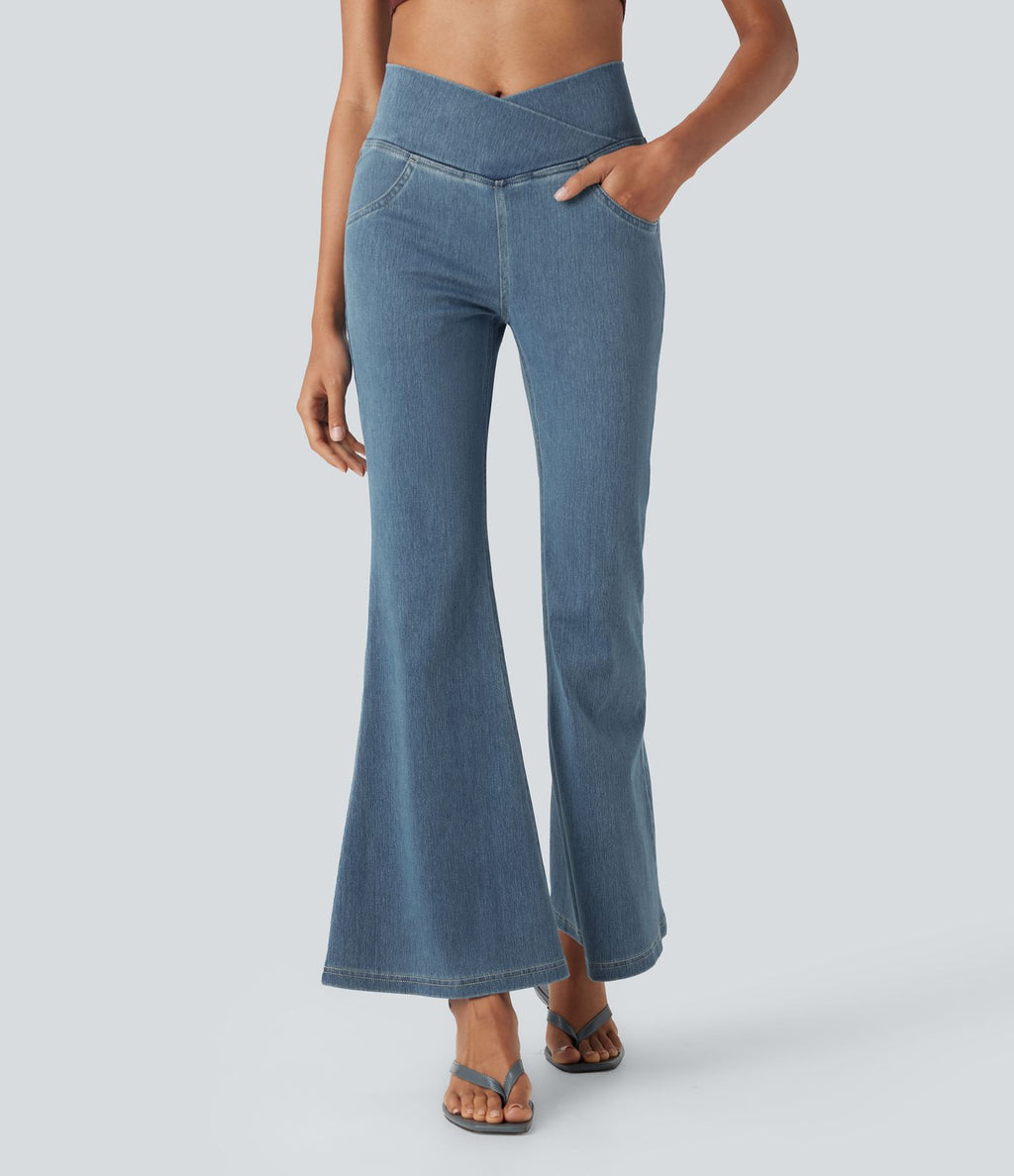 Halara Flex™ - Jean Ultra Evasé Tricot Extensible Lavé Poches Croisées Taille Haute
