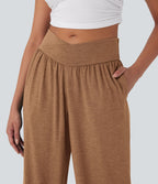 Pantalon de jogging décontracté à taille haute croisée avec poches latérales et cordon de serrage