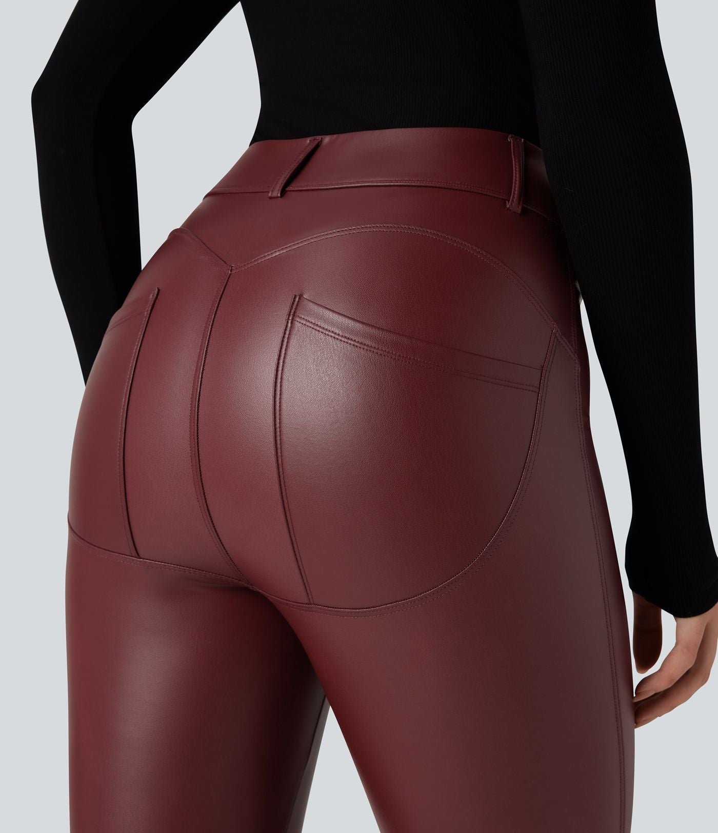 Pantalon polaire simili cuir extensible taille haute avec poches